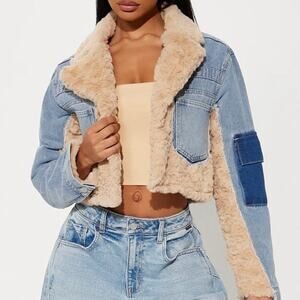 Fashion Nova Cropped Jacket Mix Media Medium Wash denim & faux fur Plus 2XL